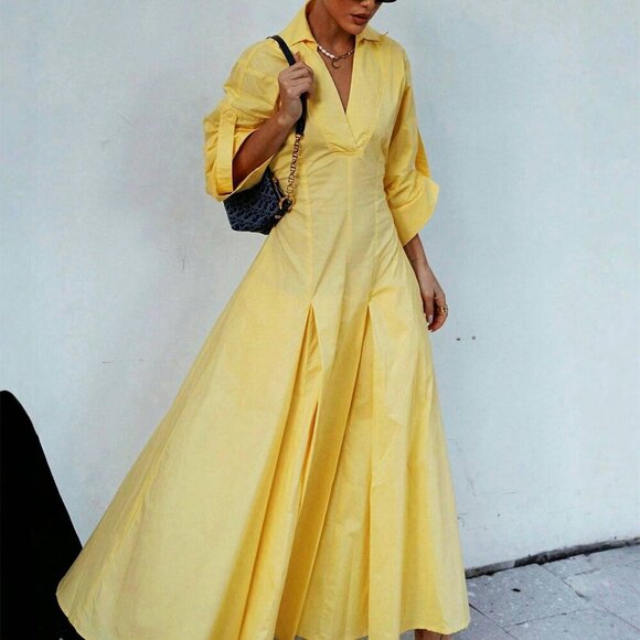 Yellow Elegant Womens V-Neck Long Sleeve Maxi Dress - Picture 1 of 4